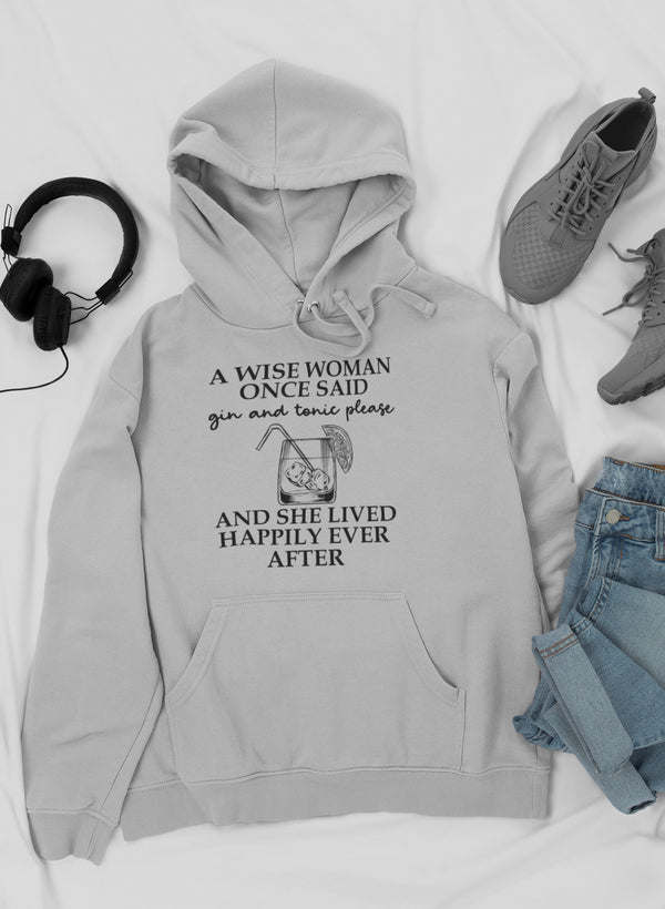 White Gin & Tonic Please hoodie with chest text graphic and hood drawstrings