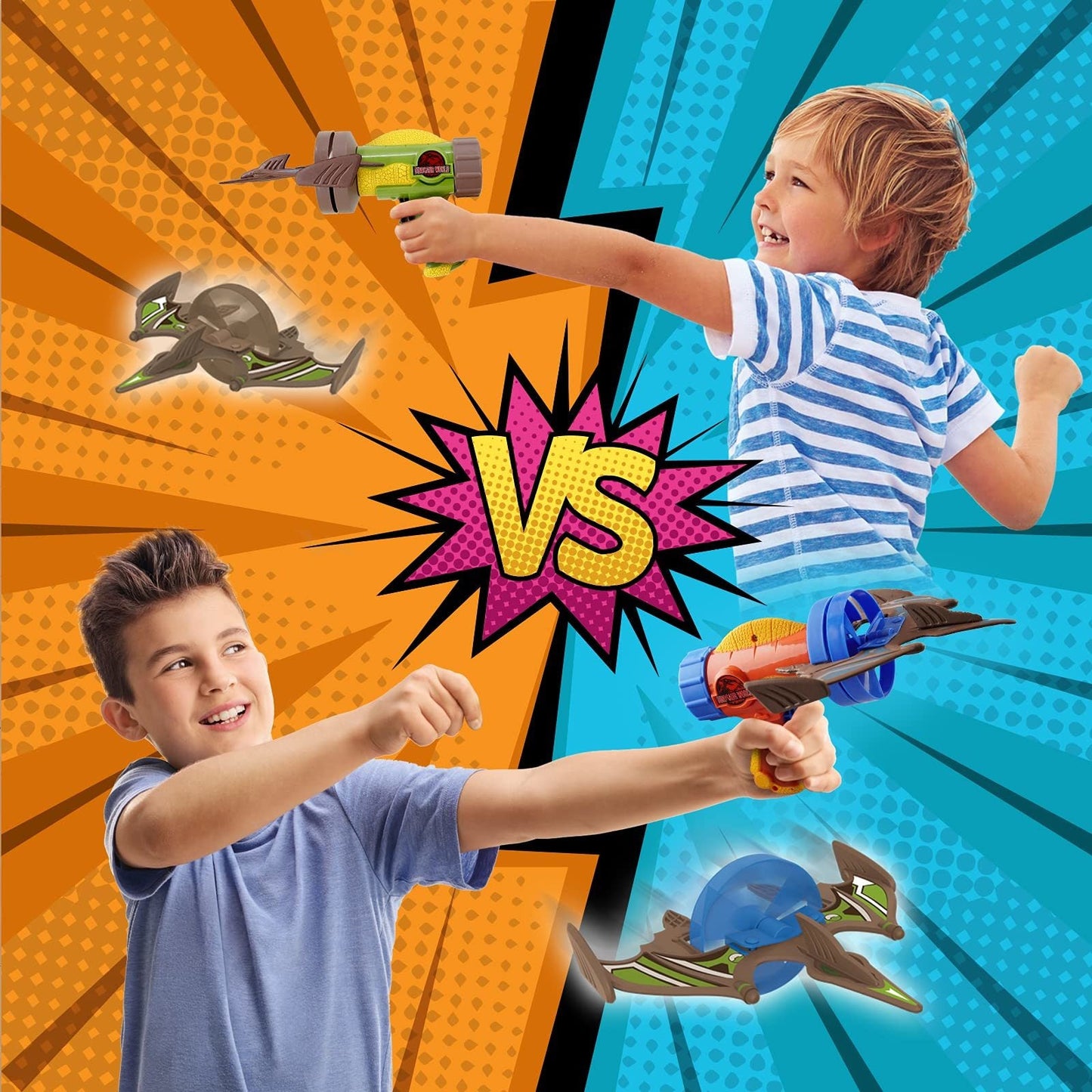 Kids playing with dinosaur rocket launcher airplane toy, launching brown plane targets