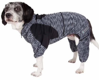 Dog wearing full-body warm up hoodie, heathered black gray with black chest pocket