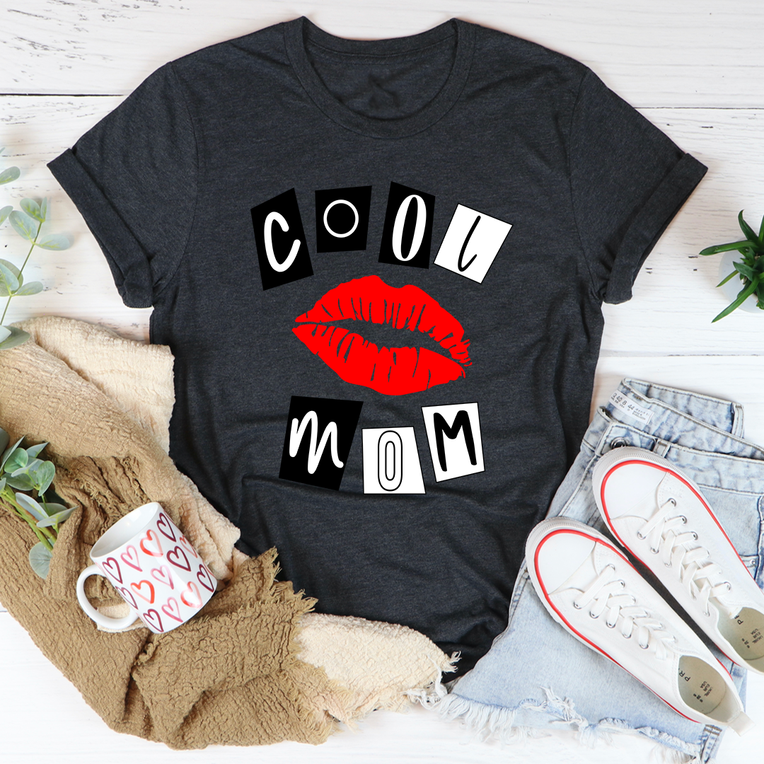 Dark grey T-shirt featuring red lips and MOM text graphic in black and white blocks
