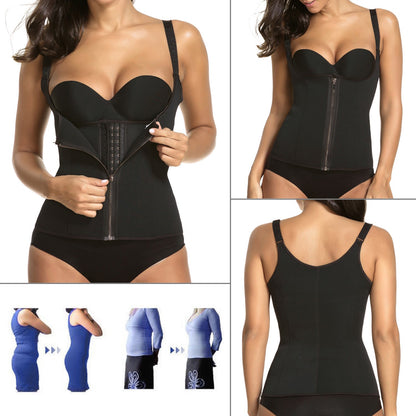 Black waist trainer corset front and back shown, with zip front and adjustable straps.