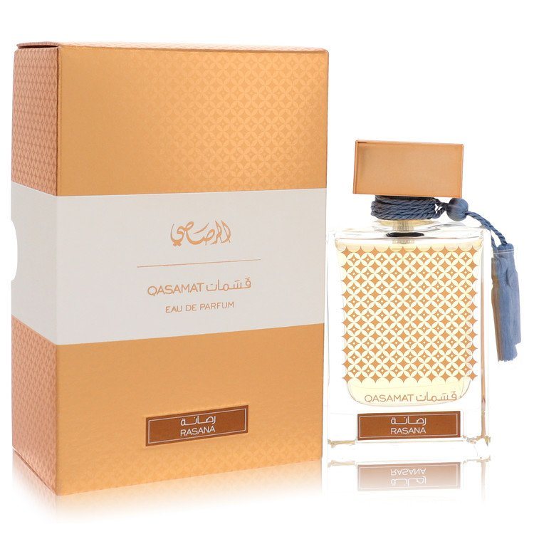 Rasasi Qasamat Rasana Eau de Parfum spray bottle with matching presentation box