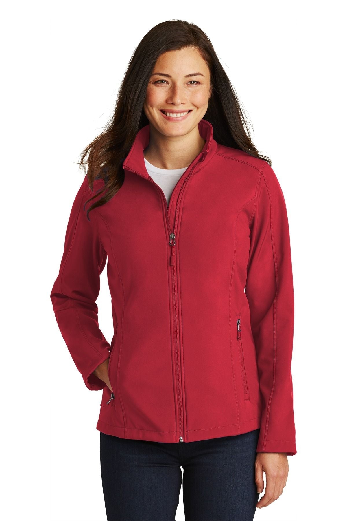 Ladies soft shell jacket in rich red, full-zip stand collar and zip pockets