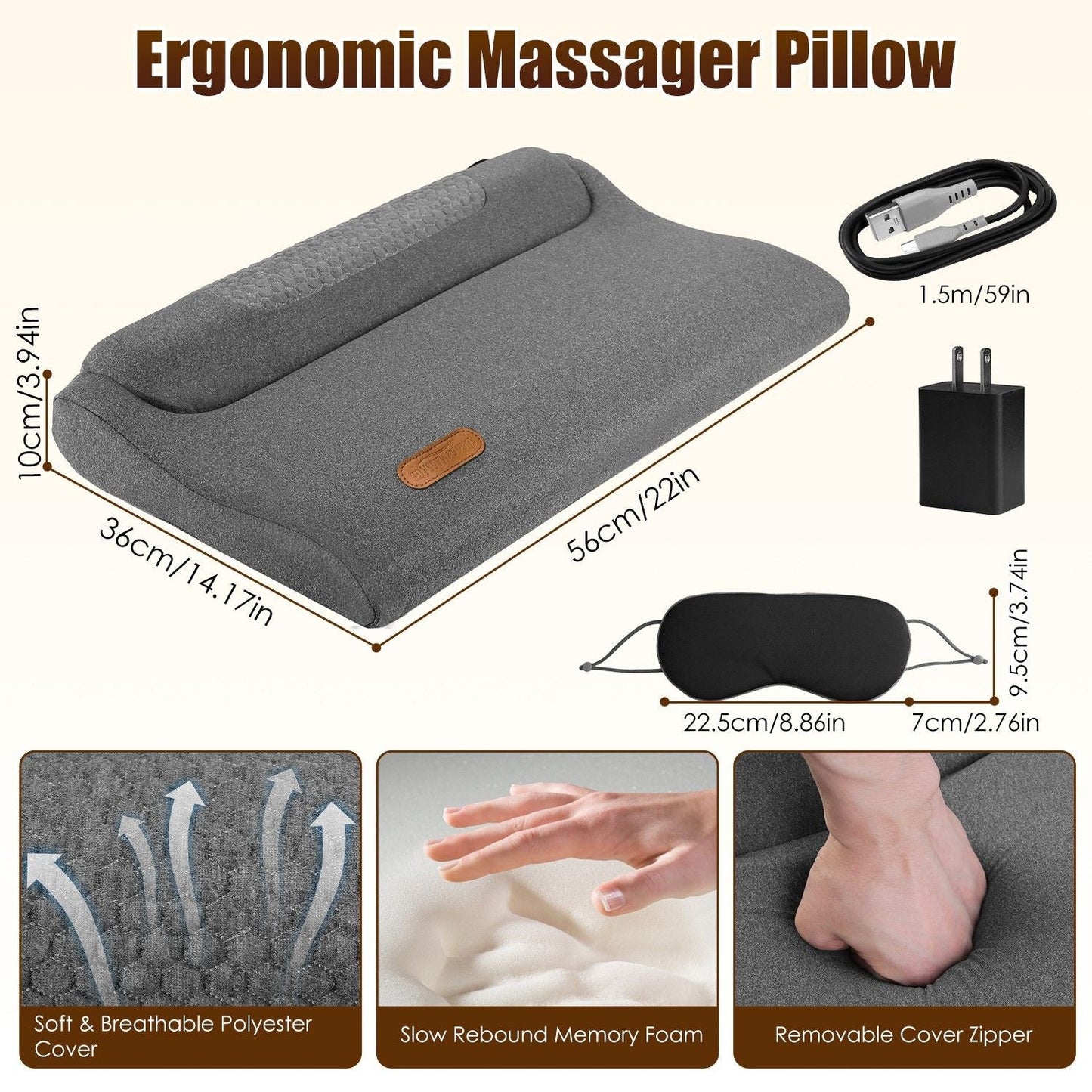 Dark gray ergonomic neck massager pillow with removable cover and power cable