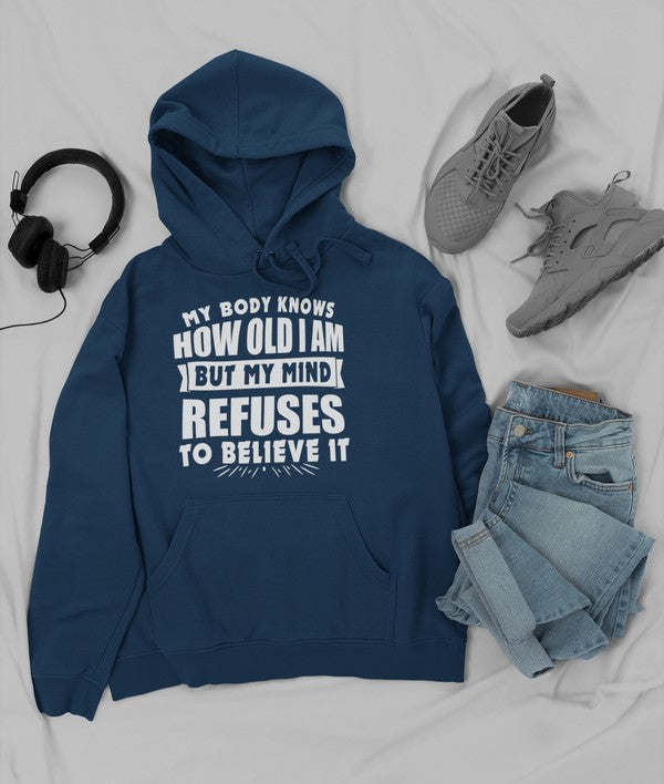 Navy hoodie with hood and kangaroo pocket, white slogan graphic
