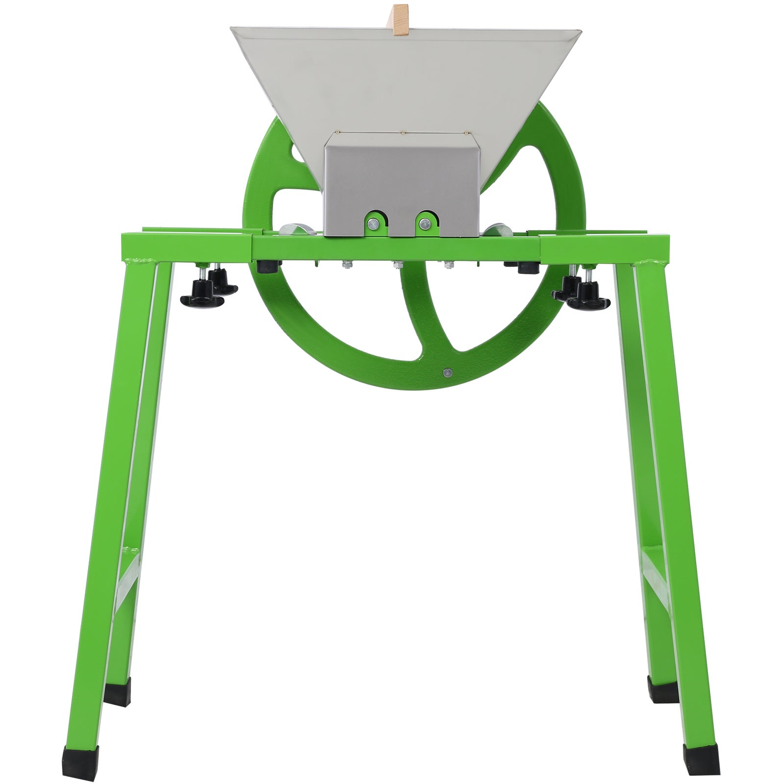 Green manual fruit juicer grinder with stainless hopper and flywheel drive