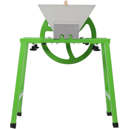 Green manual fruit juicer grinder with stainless hopper and flywheel drive
