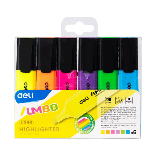 Deli jumbo highlighter set with chisel tips, pastel colors, packaged x6