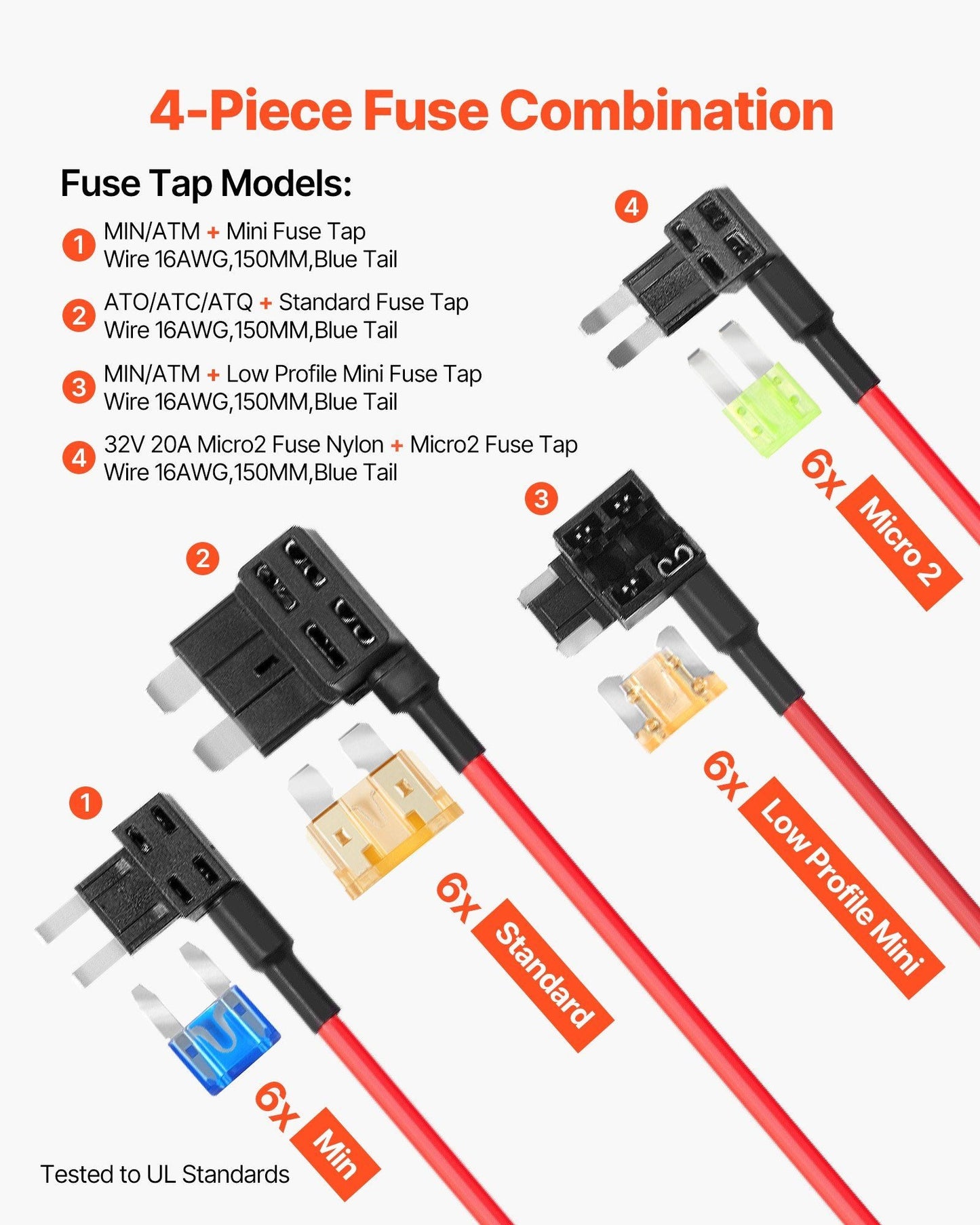 VEVOR Fuse Tap, 24 Packs, 4 Types 12V Car Add-a-Circuit Fuse Tap Adapter, Standard Mini Micro2 and Low Profile Mini Blade Fuses Holder, ATO ATC ATM Fuses Adapter Jumper for Cars Trucks Boats