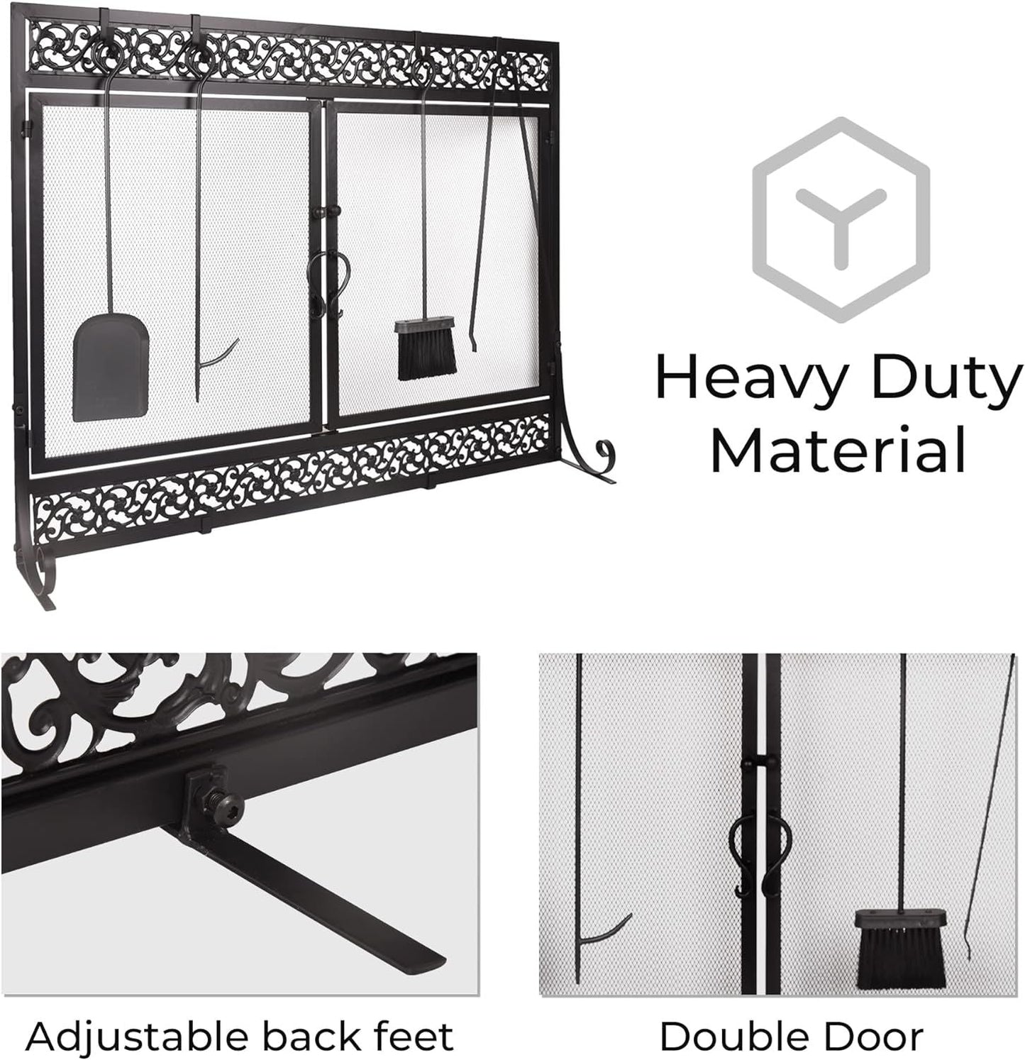 Black metal fireplace screen with two mesh doors and adjustable back feet