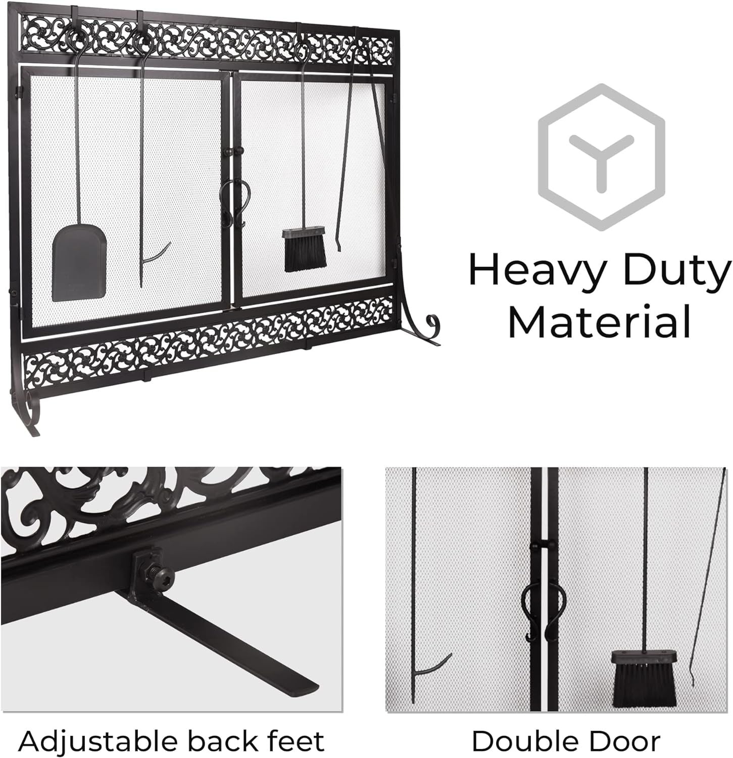 Black metal fireplace screen with two mesh doors and adjustable back feet