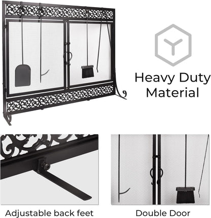 Black metal fireplace screen with two mesh doors and adjustable back feet