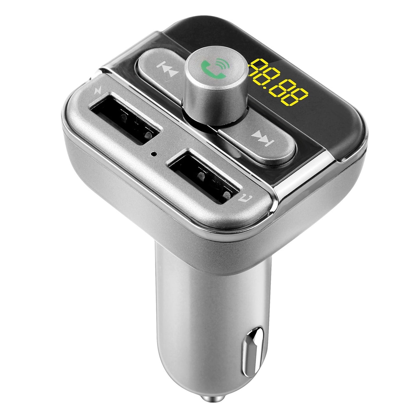 Car FM transmitter with dual USB ports, silver casing, green call icon and yellow LED display