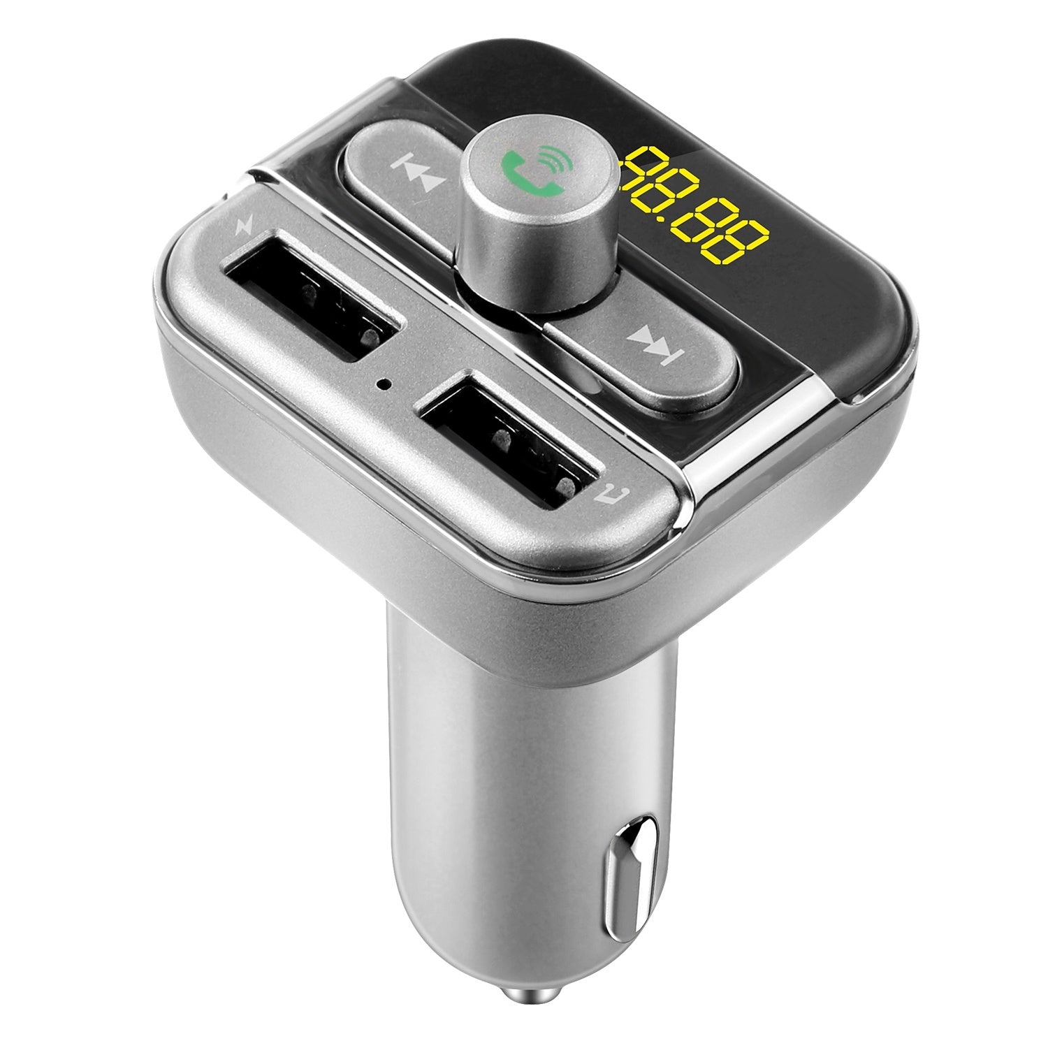 Car FM transmitter with dual USB ports, silver casing, green call icon and yellow LED display
