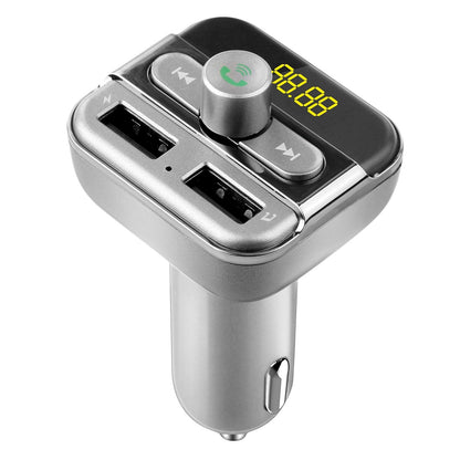 Car FM transmitter with dual USB ports, silver casing, green call icon and yellow LED display