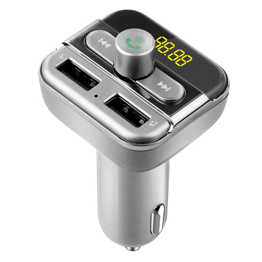 Car FM transmitter with dual USB ports, silver casing, green call icon and yellow LED display