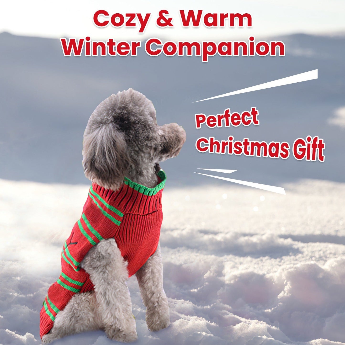 Pet Christmas turtleneck sweater on small dog, red base with green stripes and snowman motif
