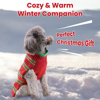 Pet Christmas turtleneck sweater on small dog, red base with green stripes and snowman motif