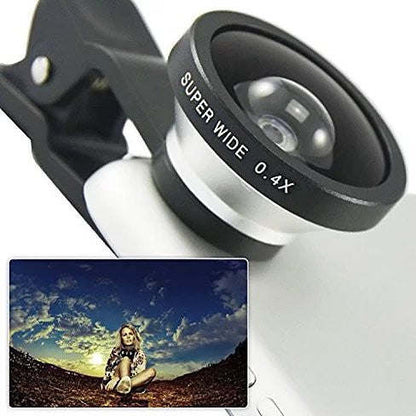 Black super wide 0.4x clip-on smartphone lens with screen photo inset