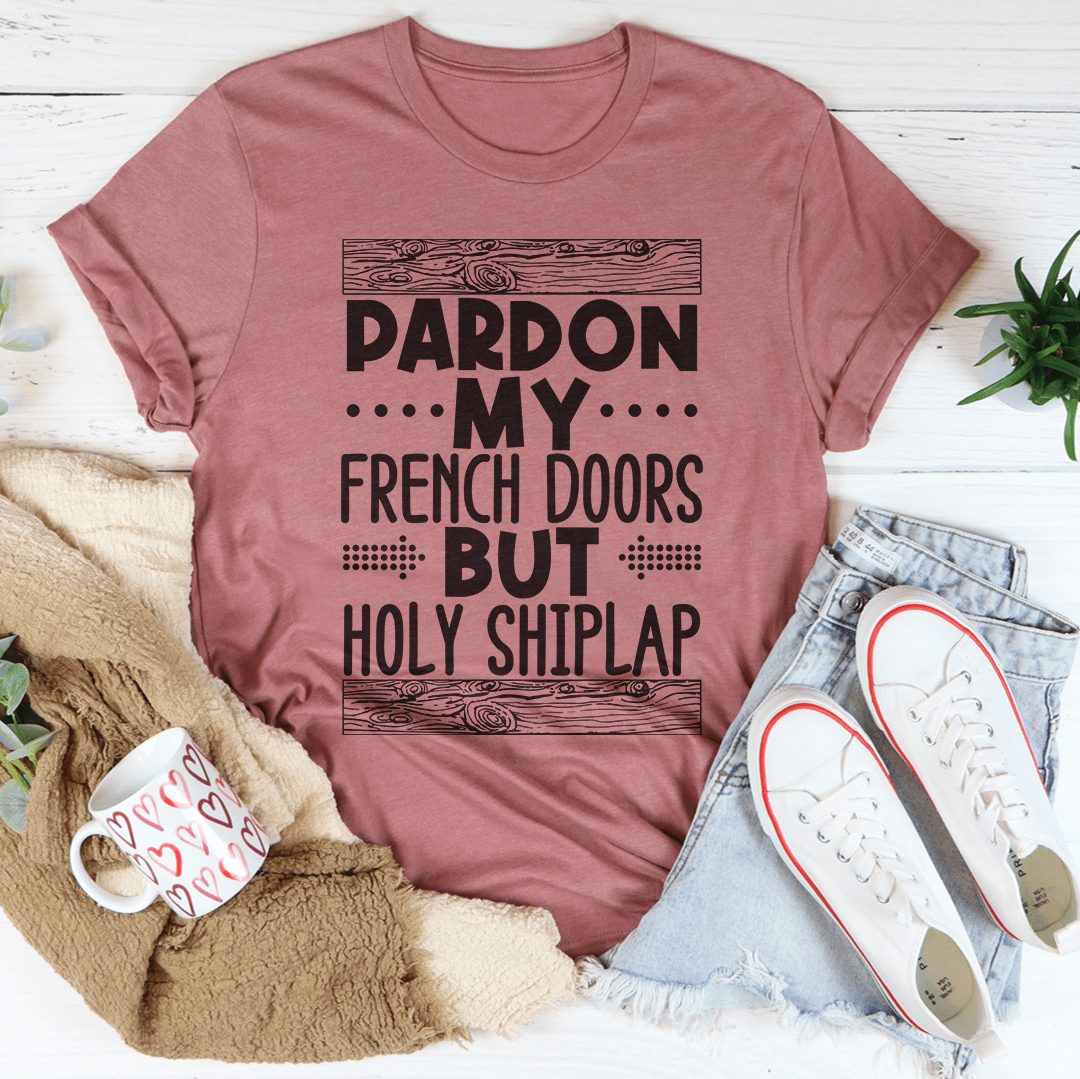 Mauve crewneck graphic T-shirt with centered typographic square front graphic.