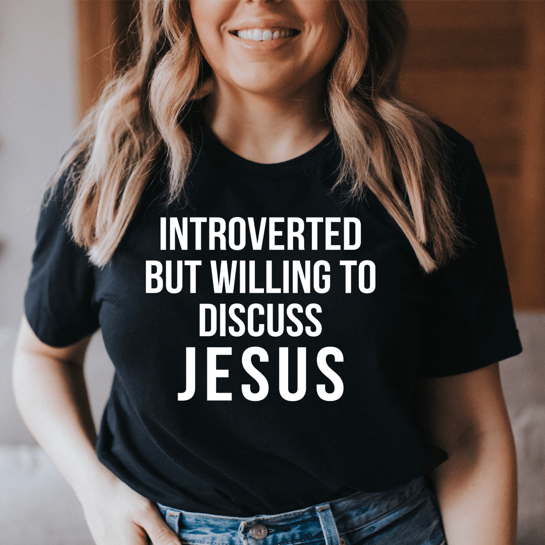 Black crew-neck T-shirt on model, INTROVERTED BUT WILLING TO DISCUSS JESUS