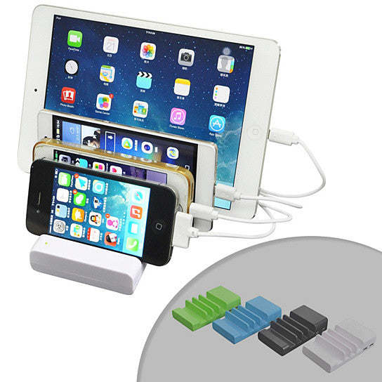 Smart device charger dock with white stand and black multi-port base, plus mixed-color tips