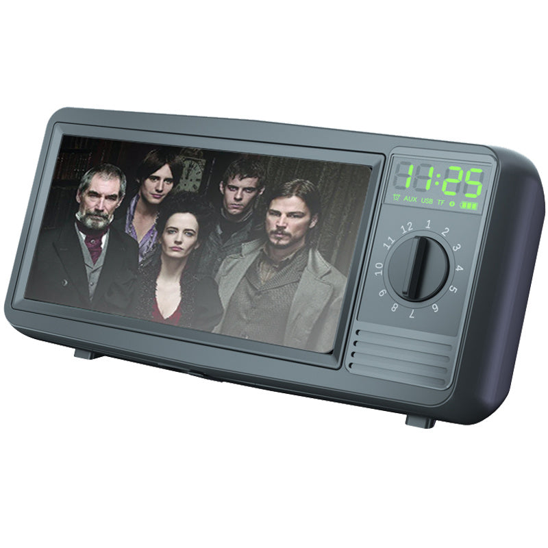 Black retro TV-style Bluetooth speaker with screen showing an image and alarm time