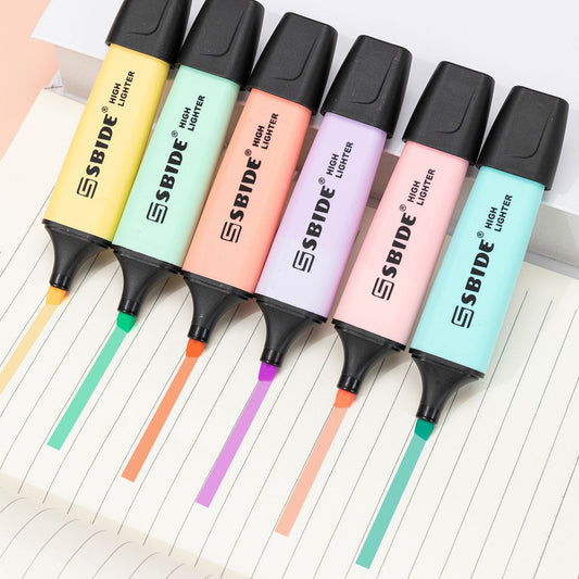 Set of 6 fluorescent highlighter markers, black caps, pastel yellow, green, blue, pink