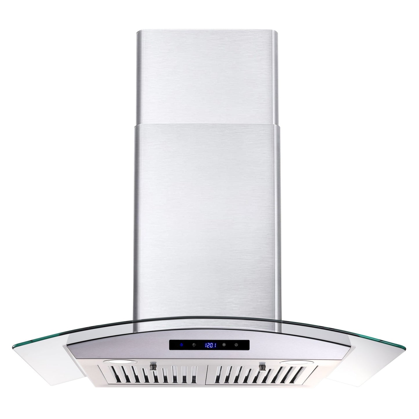 30-inch wall mounted range hood with stainless steel body, tempered glass canopy, and LED control strip