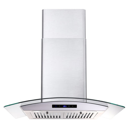 30-inch wall mounted range hood with stainless steel body, tempered glass canopy, and LED control strip