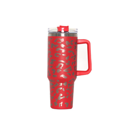 Vacuum tumbler with red leopard pattern, red handle, and clear straw lid