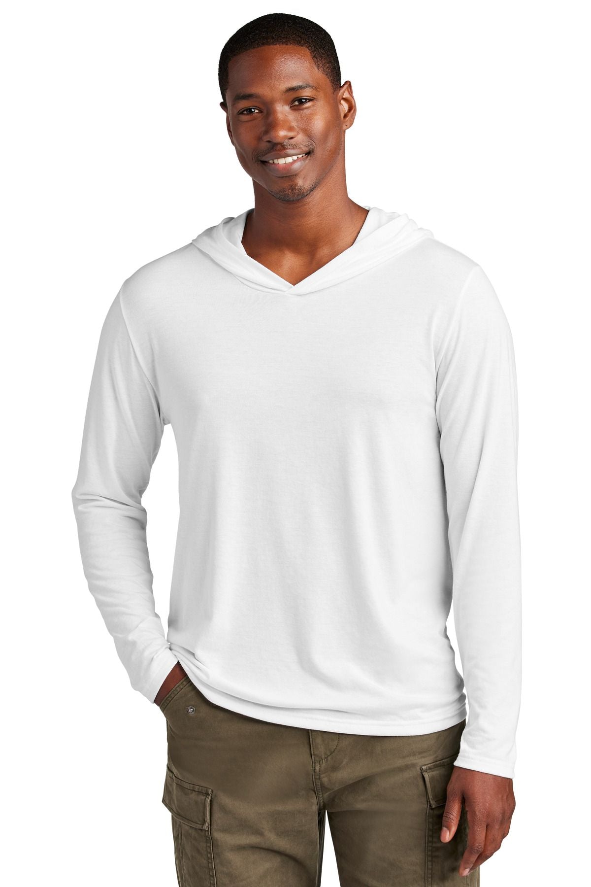 White long-sleeve pullover hoodie with hood and front pouch pocket