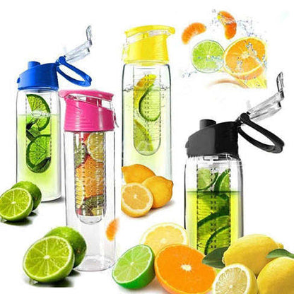Set of fruit-infuser drink bottles with blue, yellow, pink, and green caps and citrus inside.