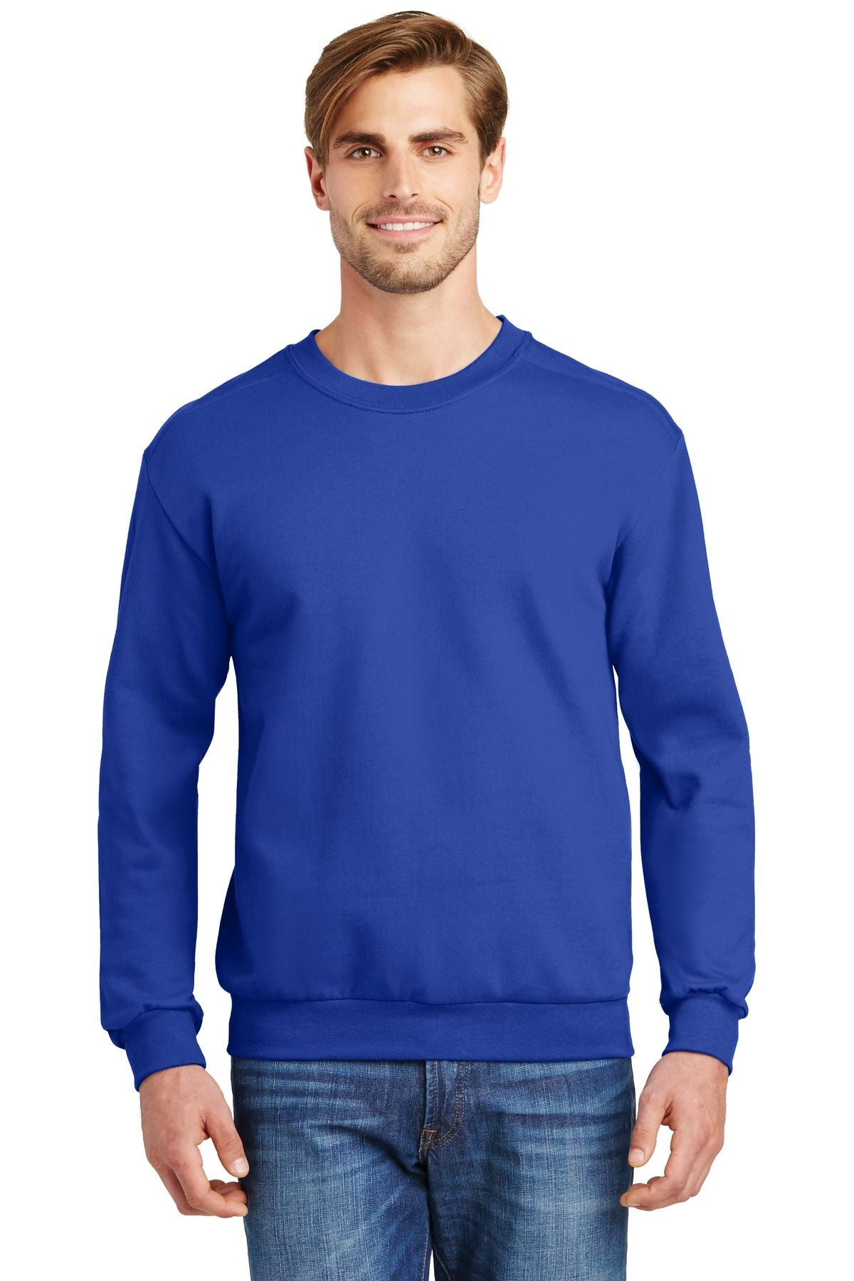 Royal blue crewneck sweatshirt with long sleeves and ribbed crew neck and cuffs