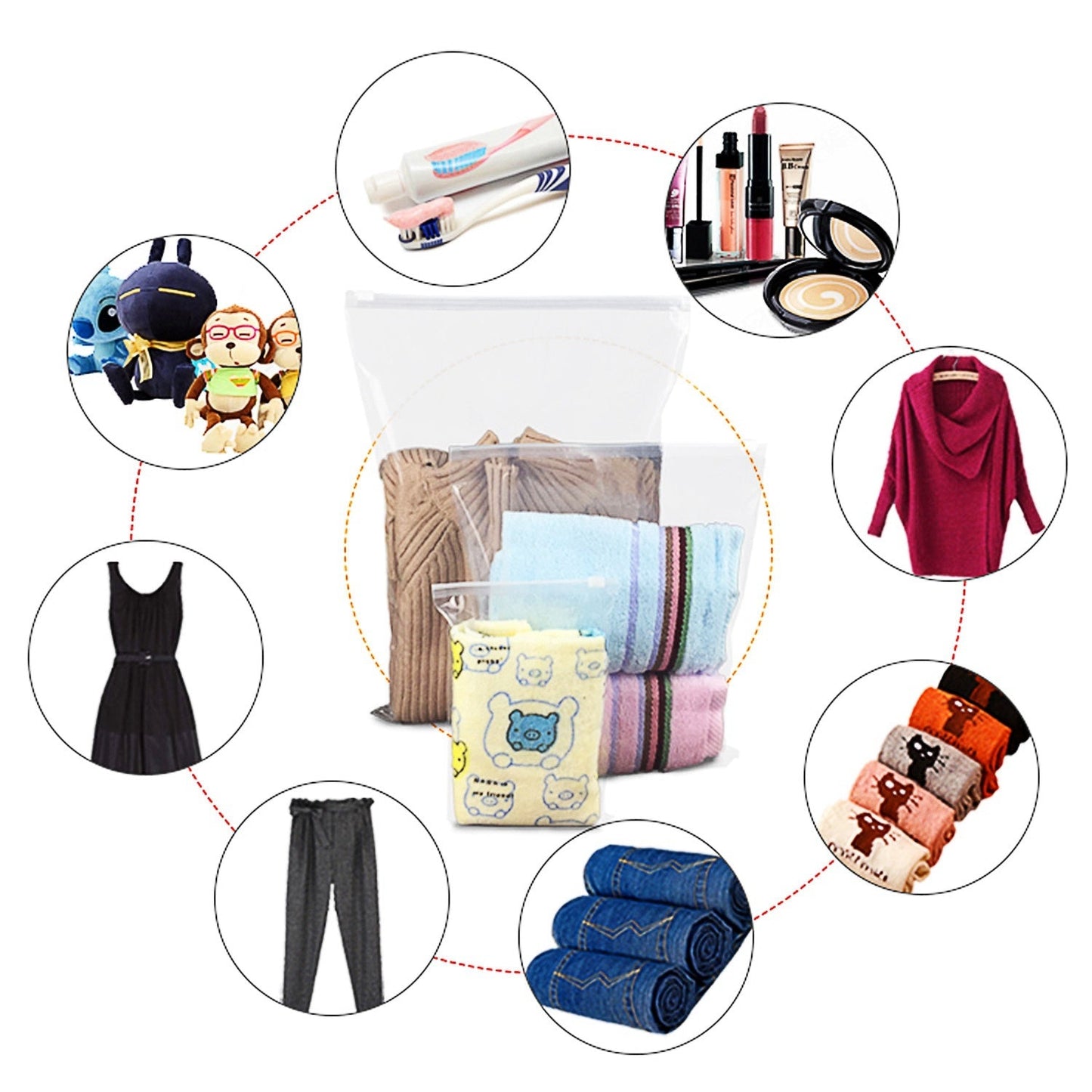 Pink and patterned packing cubes with illustrated circles for clothing storage