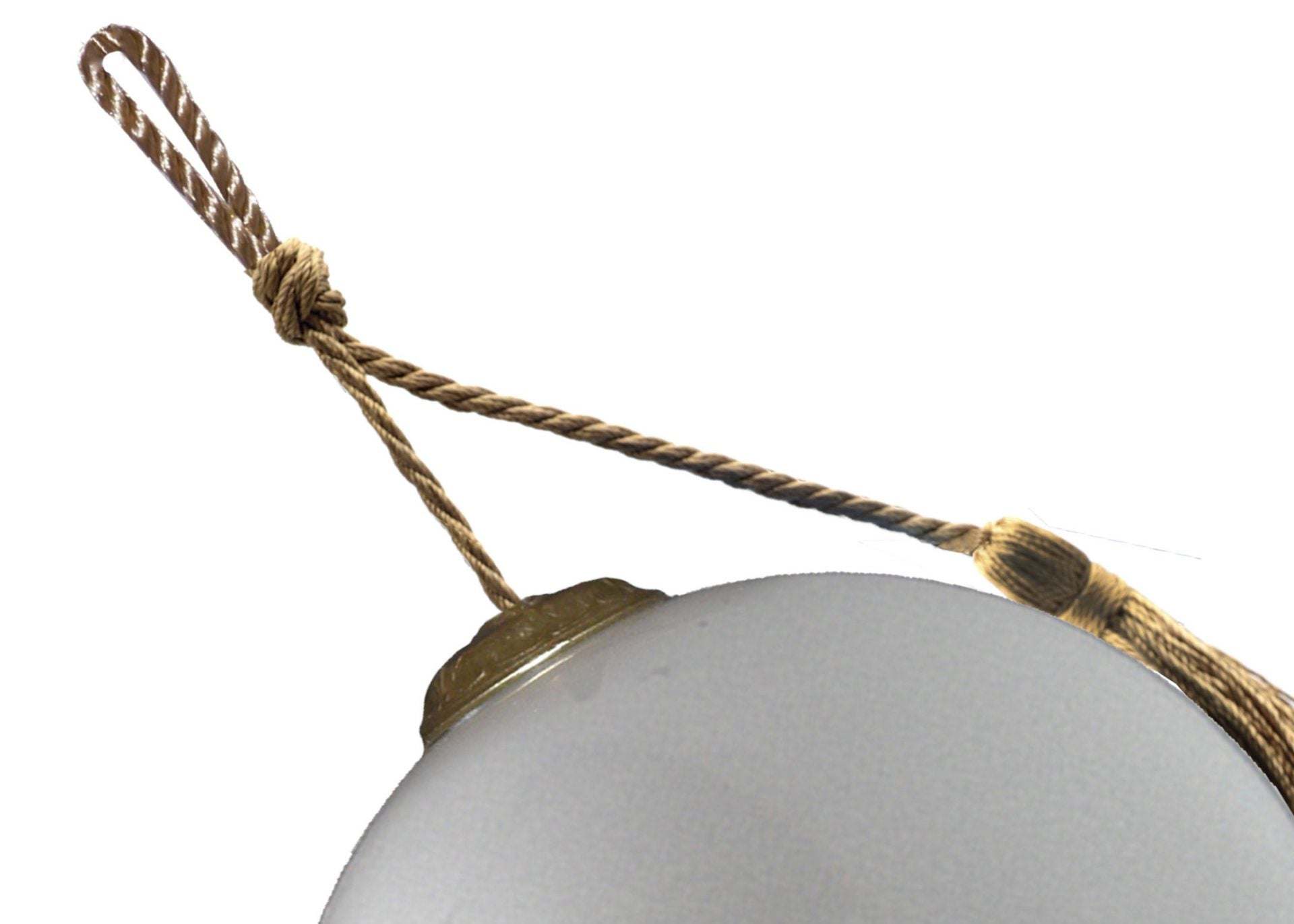 Glass hanging ornament top with braided twine loop and metal cap, teardrop shape.