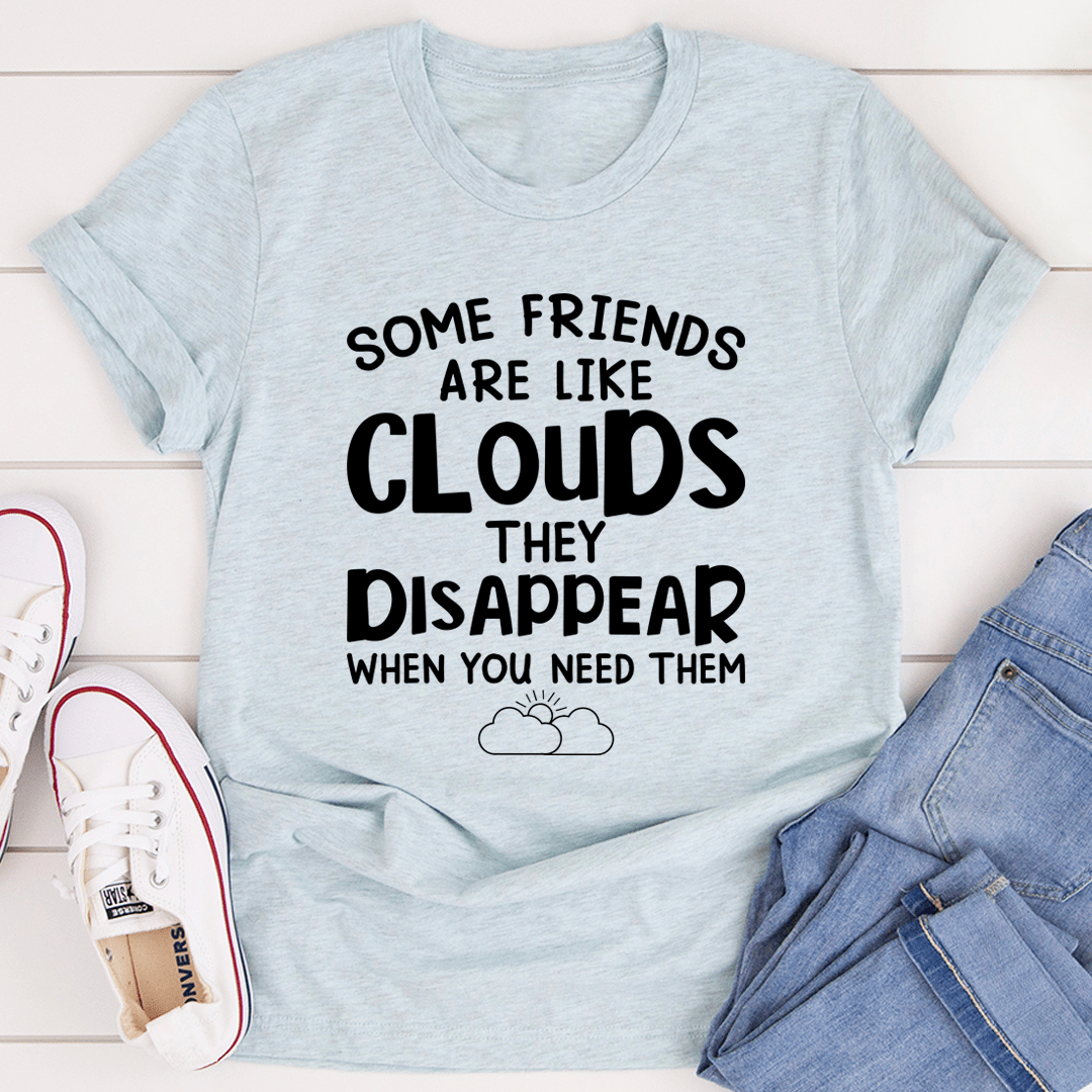 Light blue heather crewneck t-shirt with centered black “Clouds” slogan and icon