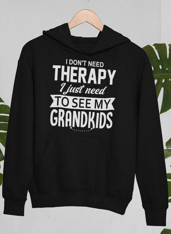 Black hoodie with front pouch pocket, hood, and slogan print