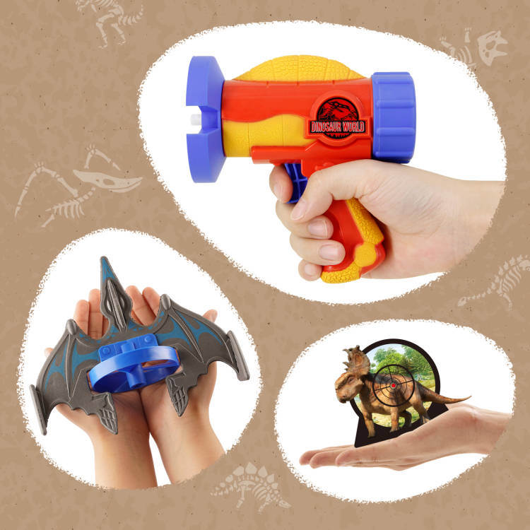 Orange and blue rocket launcher airplane toy with foam dinosaur pterosaur target discs.