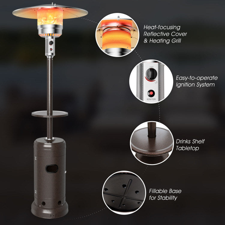 Outdoor propane patio heater with round tabletop, foldable base, and control panel