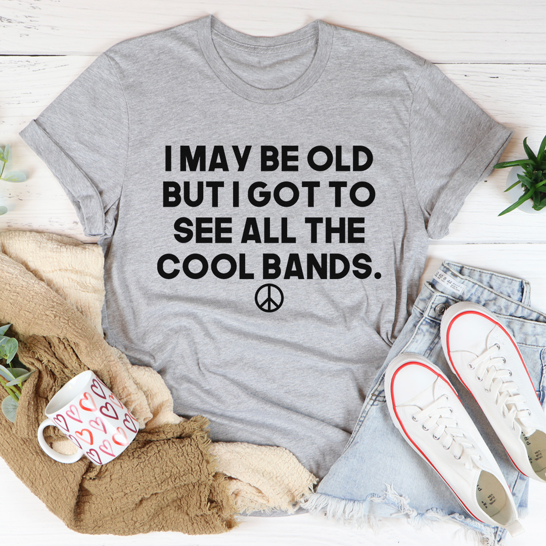 Gray heather T-shirt with crew neck and bold black slogan text plus peace symbol