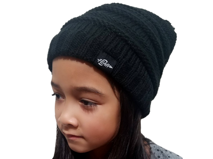 Black ribbed knit beanie hat on child, side view