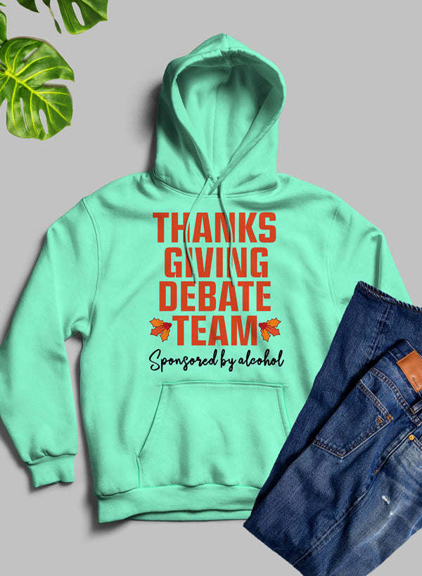 Mint hoodie with hooded neckline, 'Thanks Giving Debate Team' front graphic, and pocket.