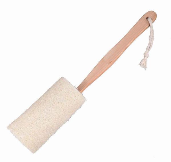 Wood-handled bath scrub brush with light sponge head and hanging cord