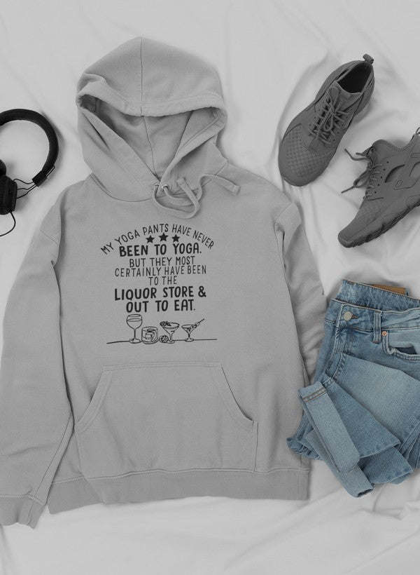 Heather gray pullover hoodie with drawstring hood, kangaroo pocket, printed front text