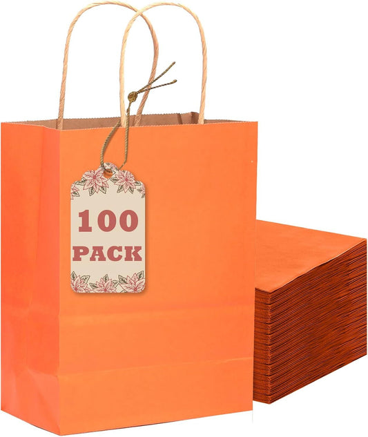 100Pcs Gift Bag with Handles Bulk Kraft Orange Paper Bags Multiple Uses (8.3"x3"x6", Small Size)