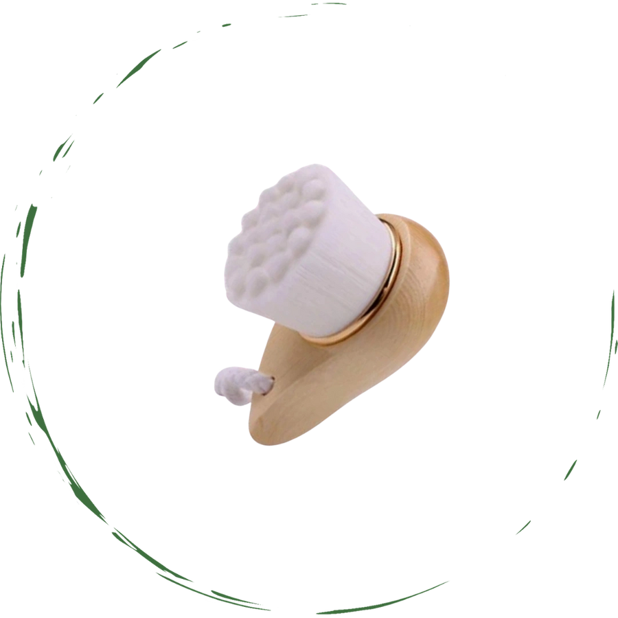 Facial brush with bamboo handle and soft white bristle head.