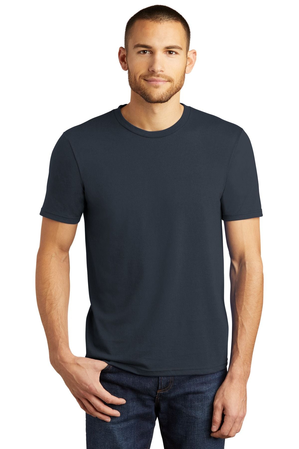 Dark navy crewneck tri-blend T-shirt with short sleeves and ribbed collar