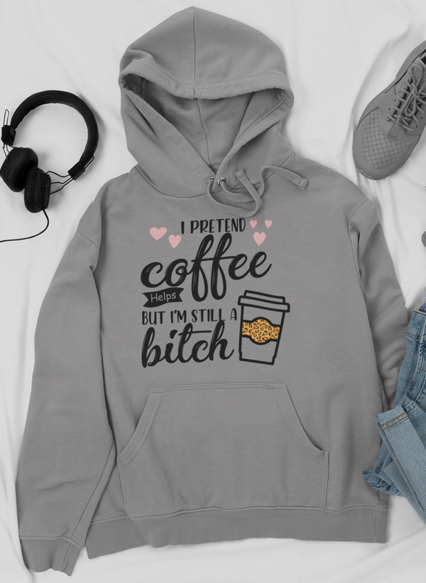 Heather grey hoodie with front coffee graphic, drawstring hood and kangaroo pocket