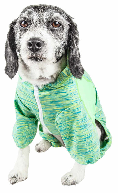 Green and blue heathered dog hoodie with zip-up hood and front pocket panel